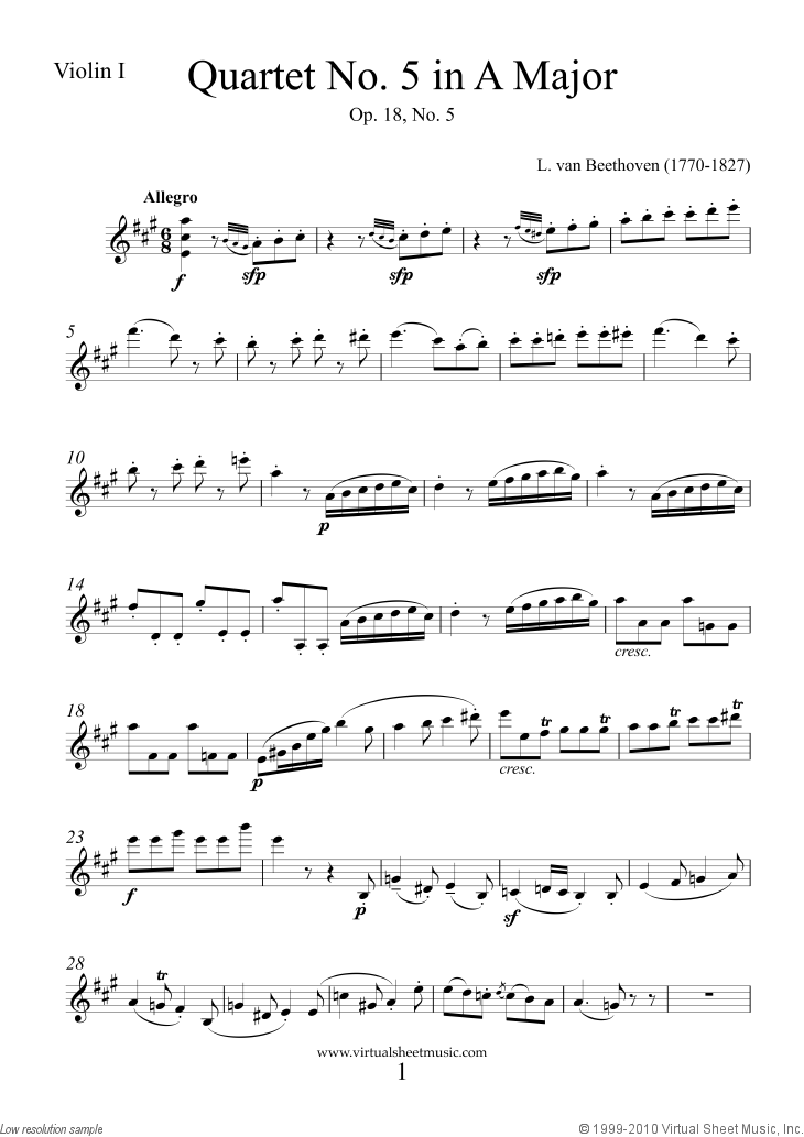 Quartet Op.18 No.5 in A major (parts)