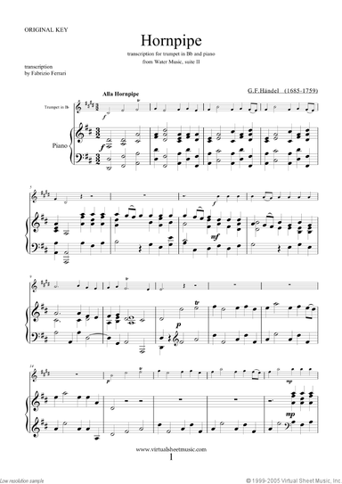 Hornpipe from Water Music (in D, trumpet in Bb)