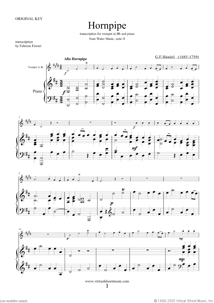 Hornpipe from Water Music (in D, trumpet in Bb)