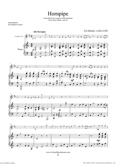 Hornpipe from Water Music (in C, trumpet in Bb)