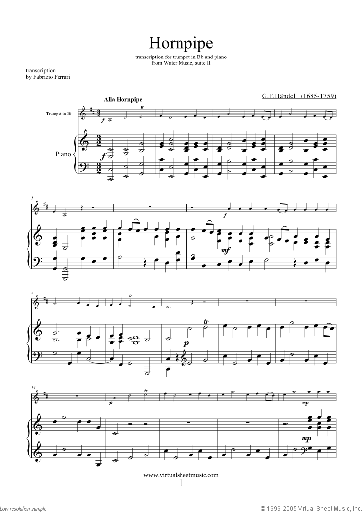 Hornpipe from Water Music (in C, trumpet in Bb)