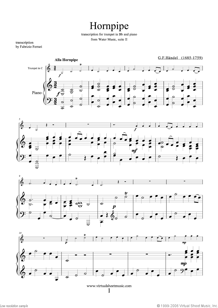 Hornpipe from Water Music (in C, trumpet in C)