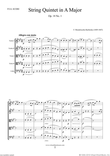 Quintet No. 1 Op. 18 in A major (f.score)