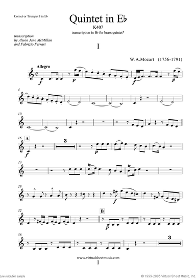 Quintet in Eb K407, transcr. in Bb (parts)