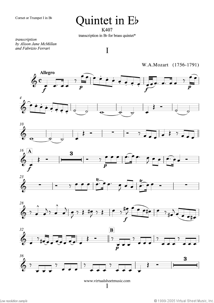 Quintet in Eb K407, transcr. in Bb (parts)