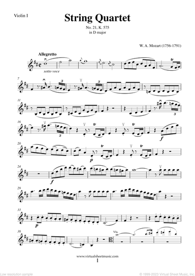 String Quartet No. 21 in D major K 575 (parts)