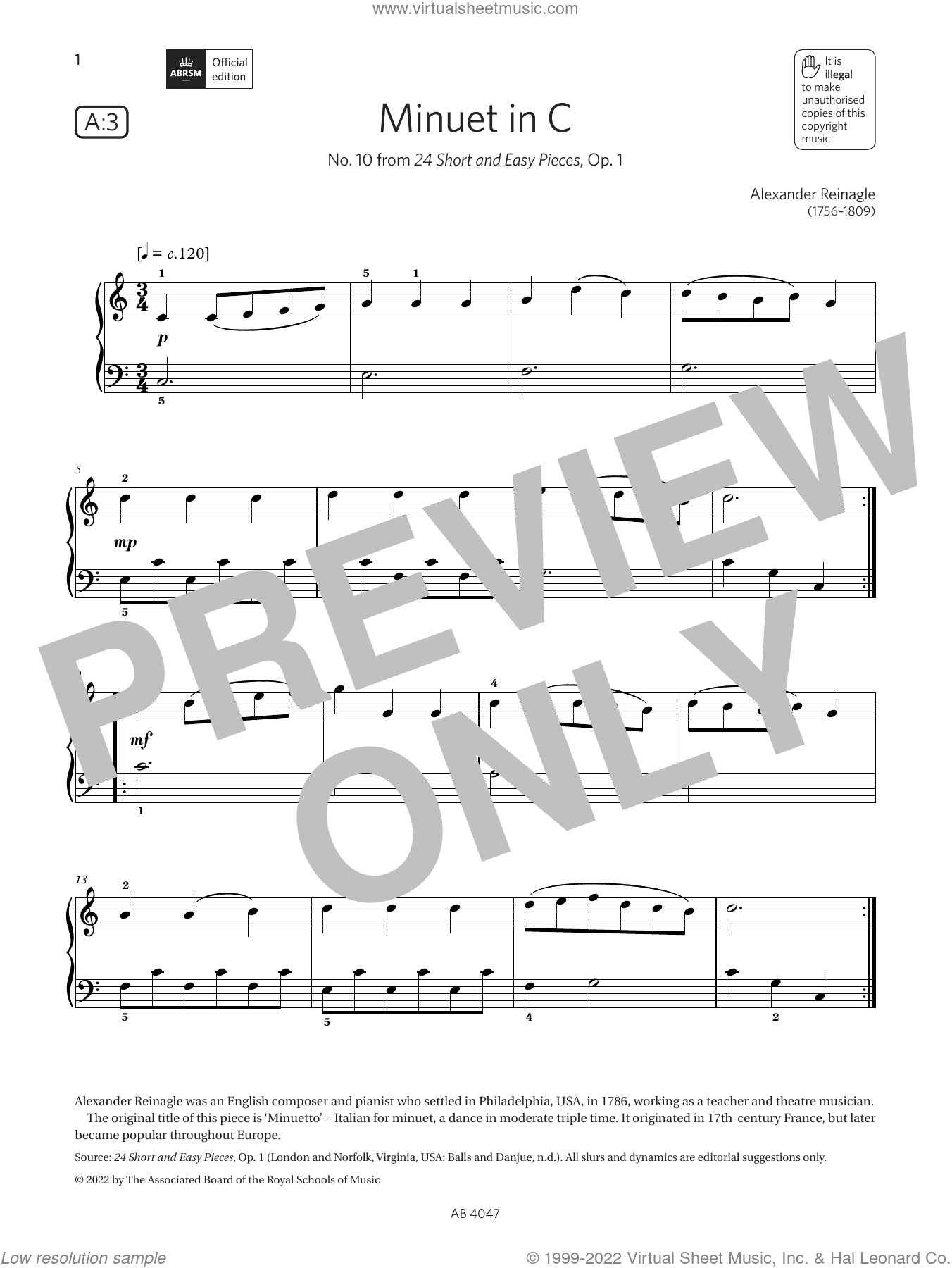 Minuet in C (Grade 1, list A3, from the ABRSM Piano Syllabus 2023 and 2024)