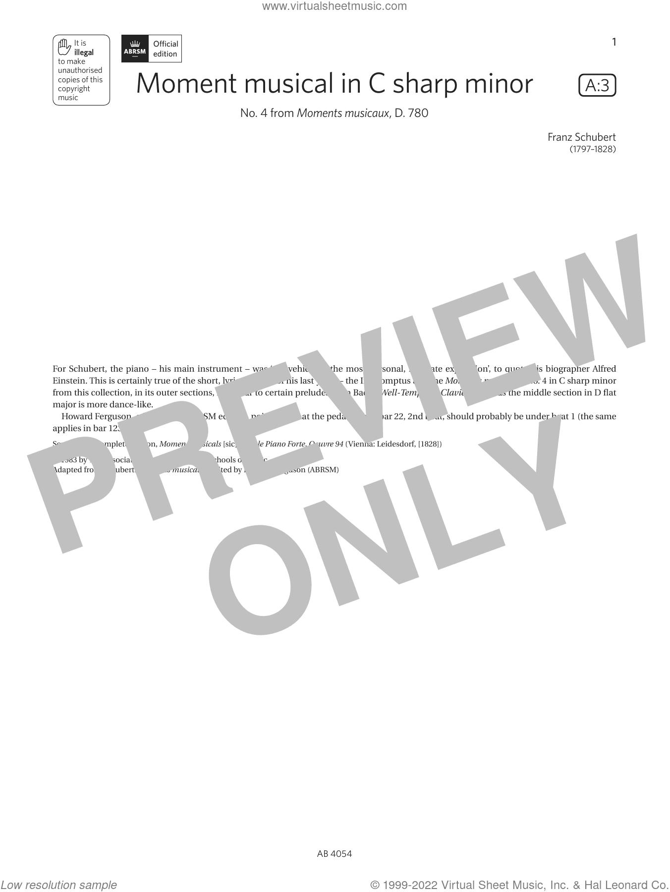 Moment musical in C sharp minor (Grade 8, list A3, from the ABRSM Piano Syllabus 2023 and 2024)