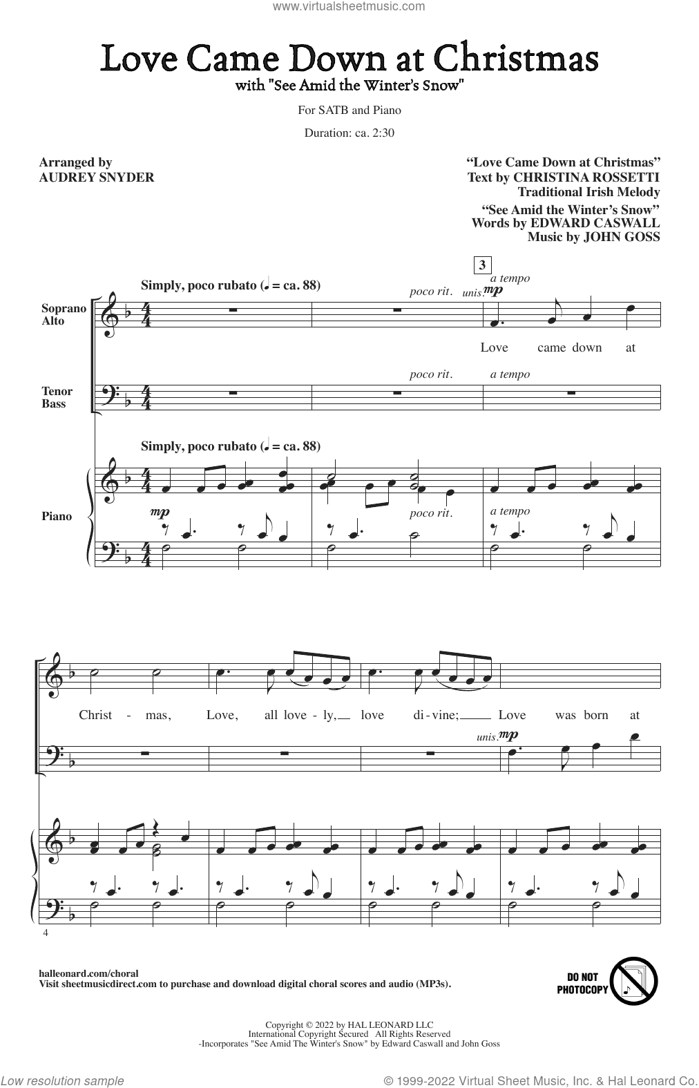 Love Came Down At Christmas (with "See Amid The Winter's Snow") (arr. Audrey Snyder)