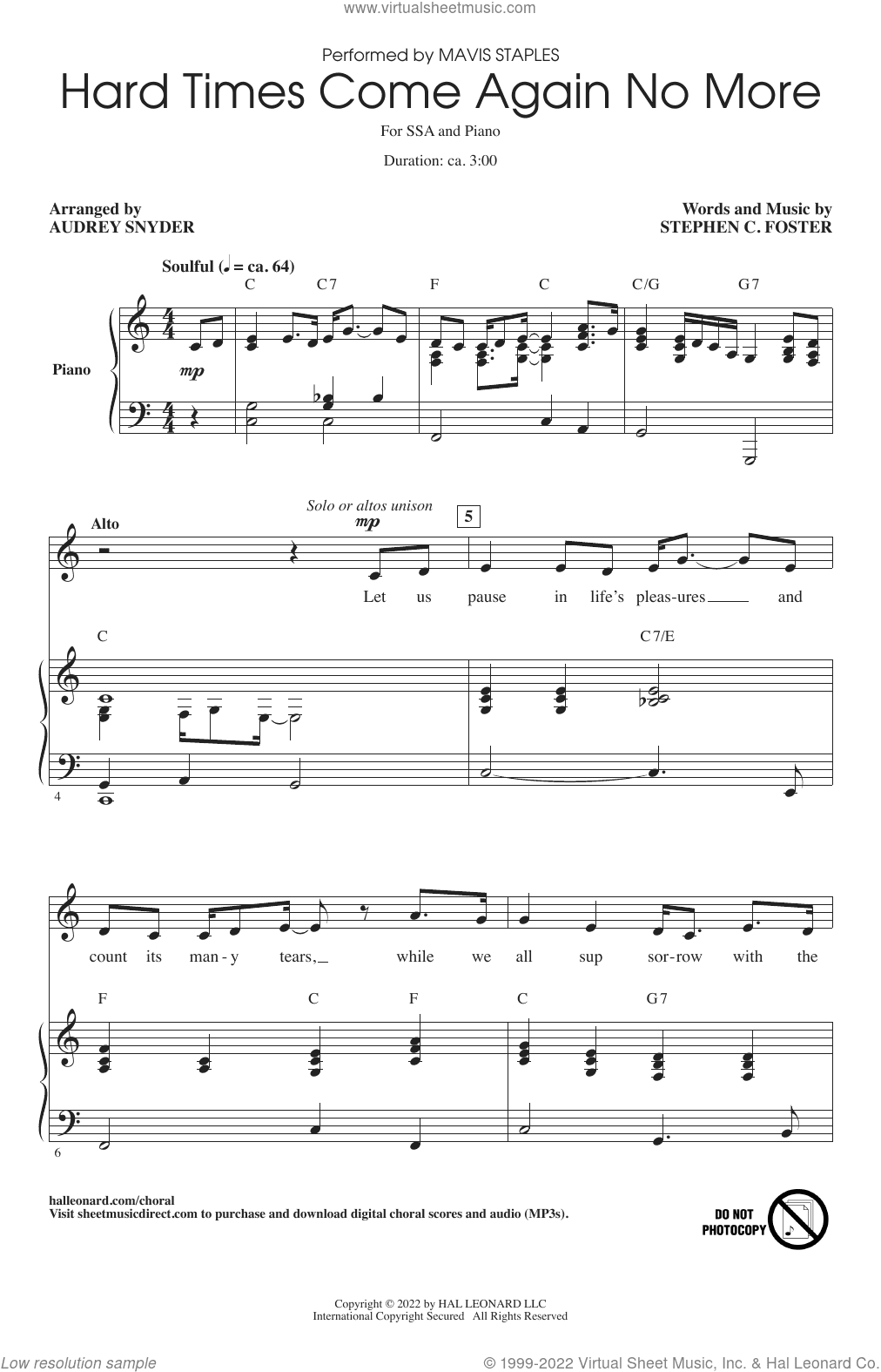 Hard Times Come Again No More (arr. Audrey Snyder)