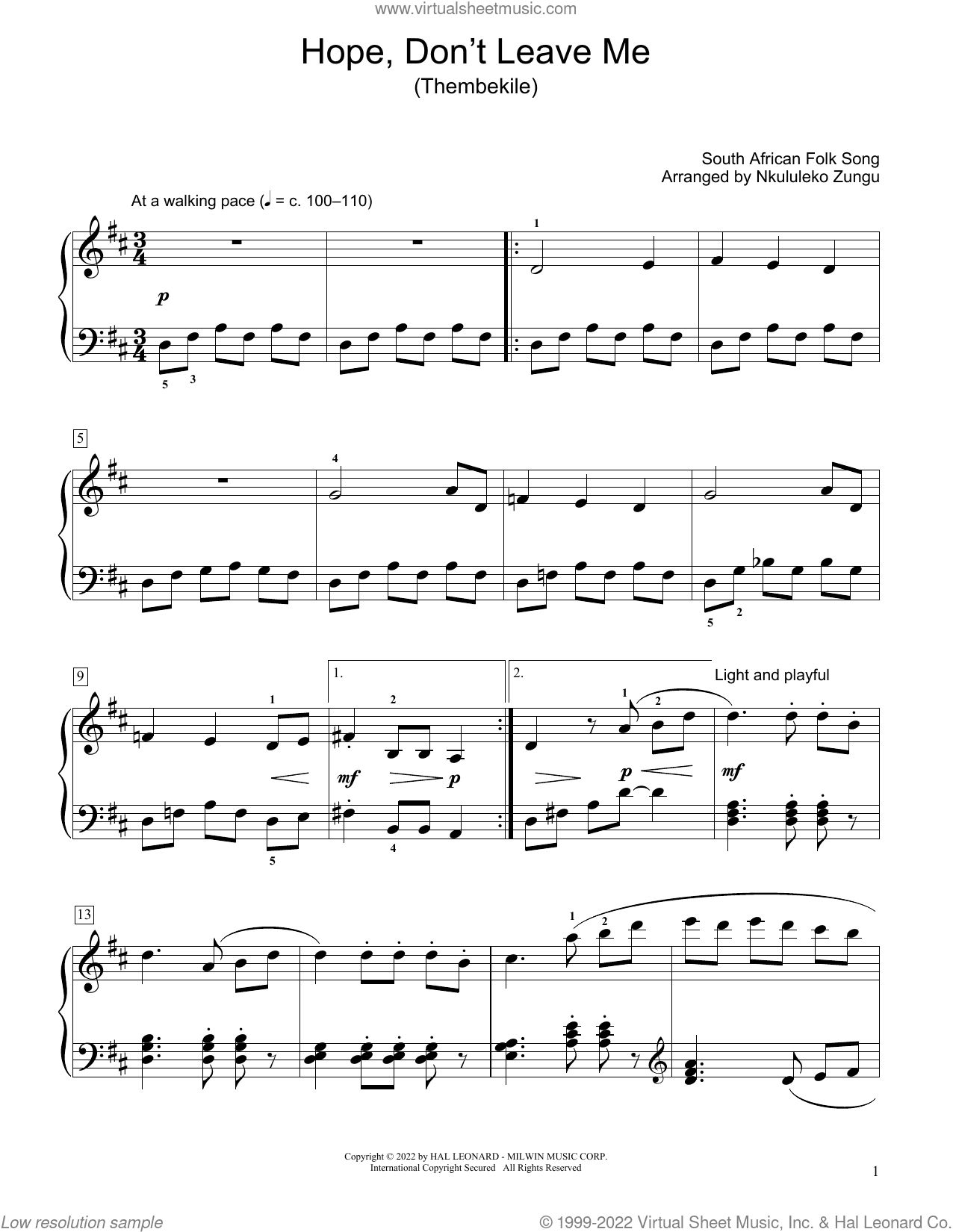 Hope, Don't Leave Me (Thembekile) (arr. Nkululeko Zungu)