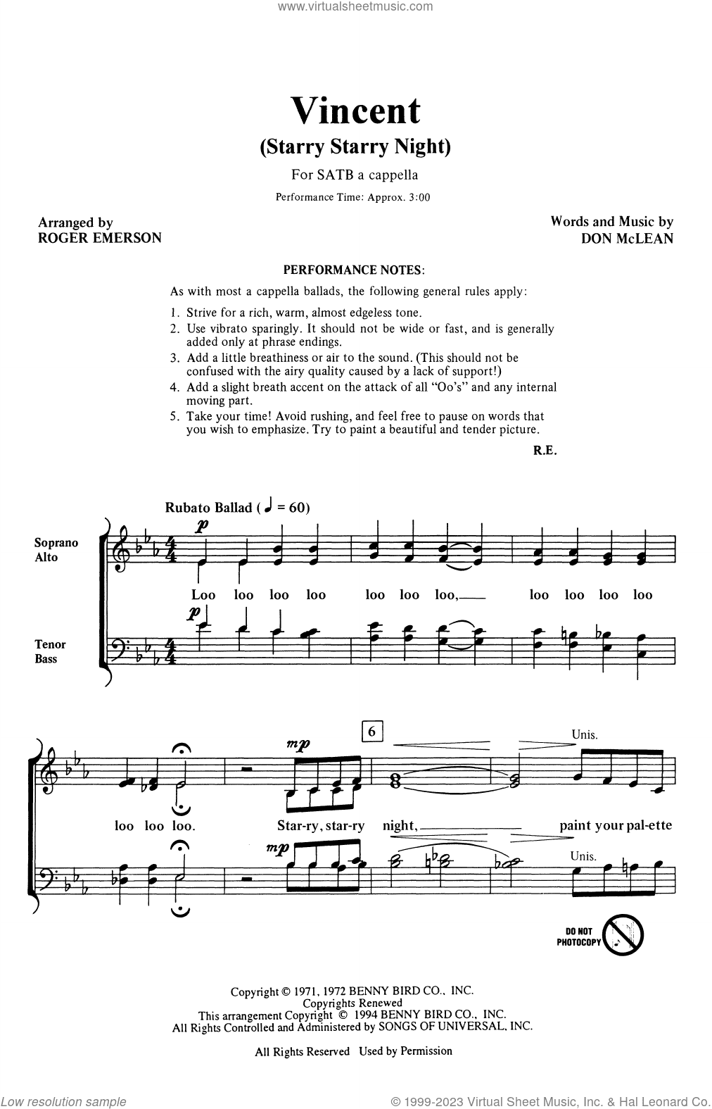 Vincent (Starry Starry Night) (arr. Roger Emerson)