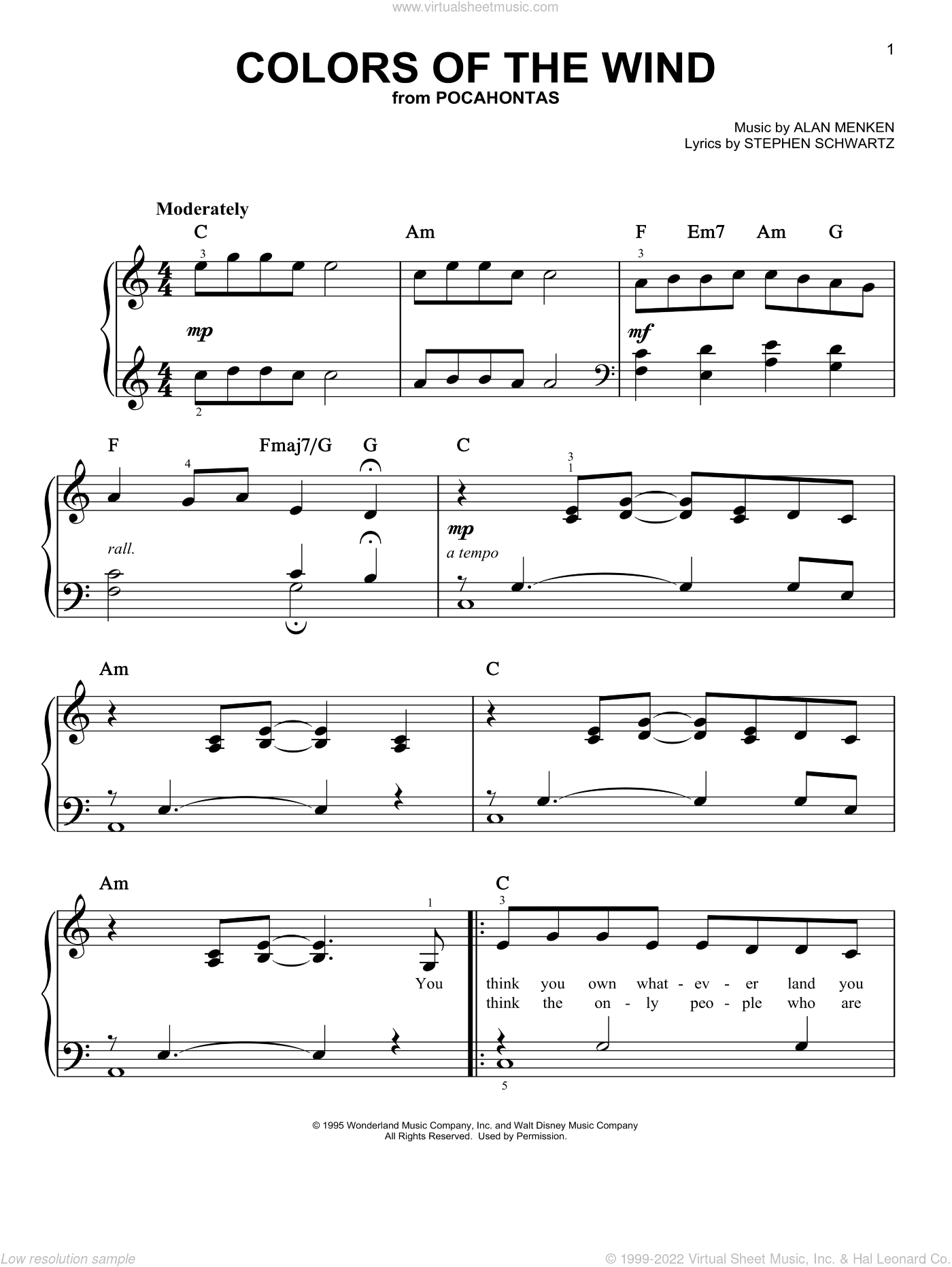 Colors Of The Wind (from Pocahontas), (easy)