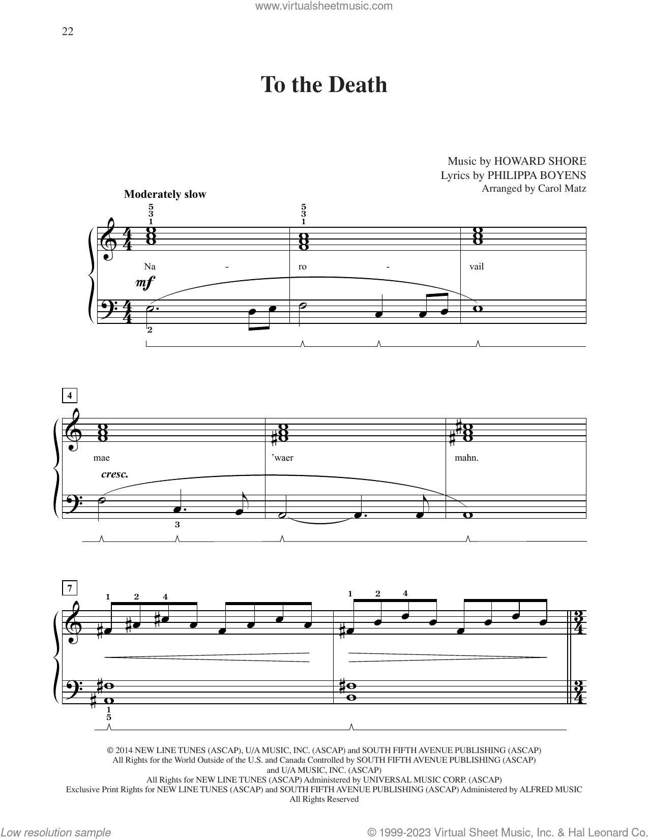 To The Death (from The Hobbit: The Battle of the Five Armies) (arr. Carol Matz)