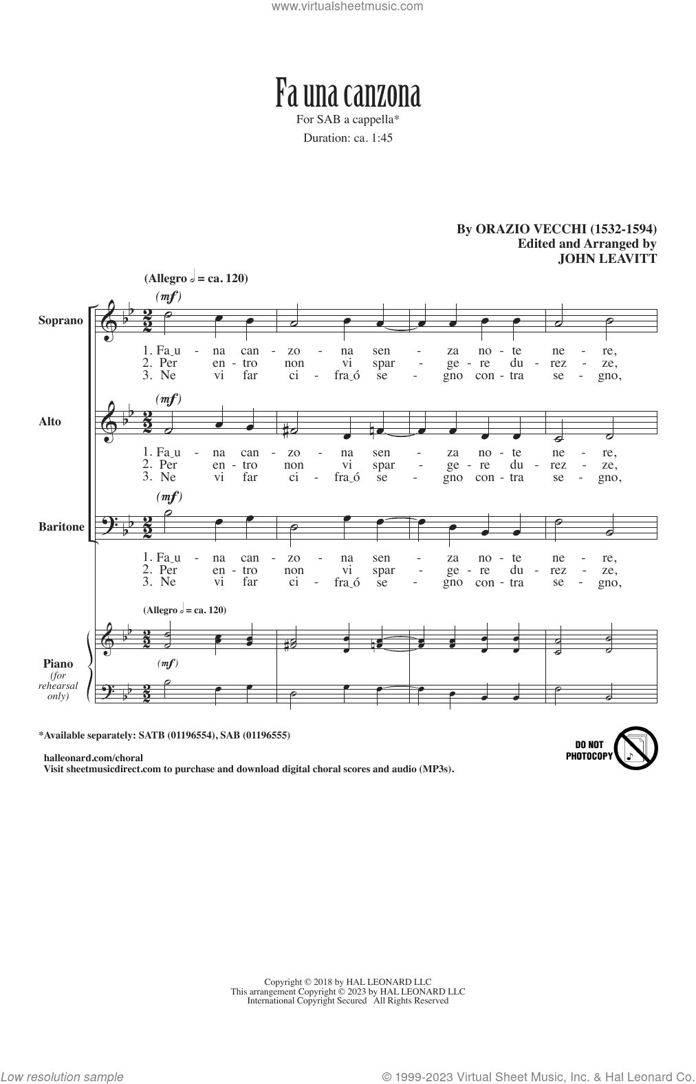 Fa Una Canzona (arr. John Leavitt)
