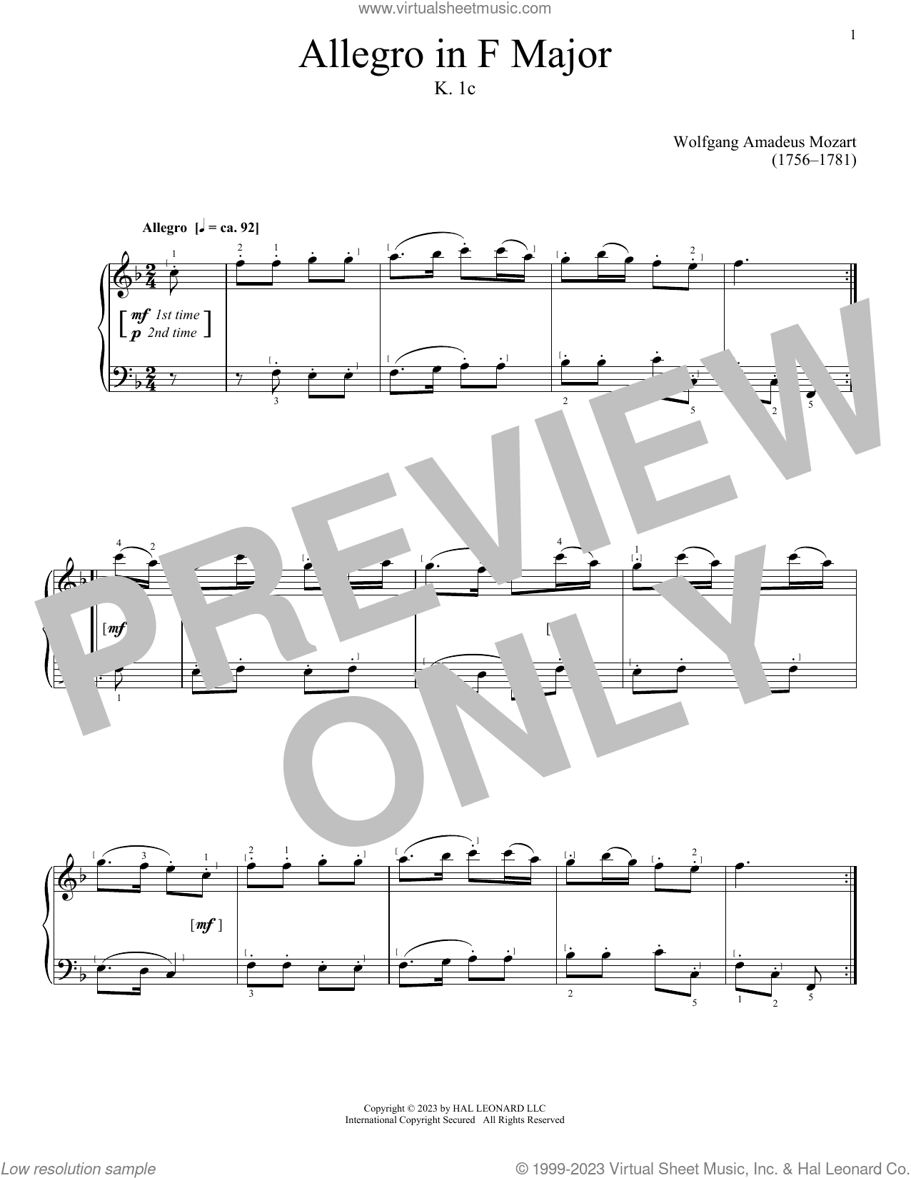Allegro in F Major, K. 1c