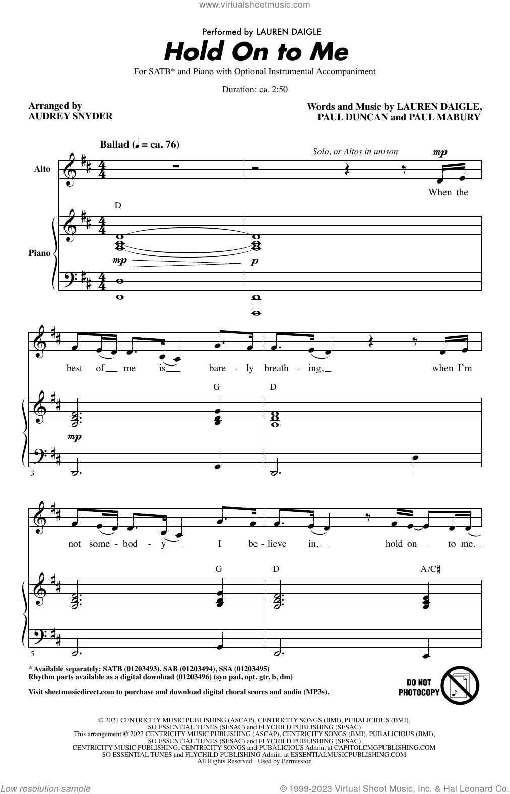 Hold On To Me (arr. Audrey Snyder)