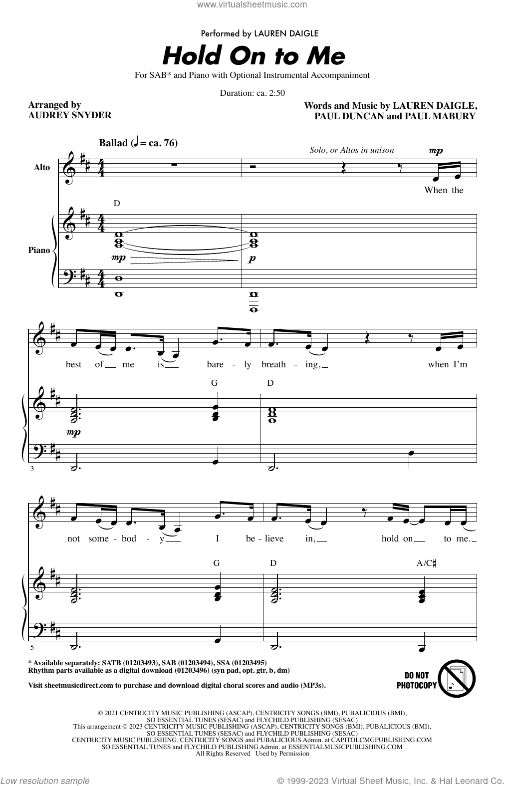 Hold On To Me (arr. Audrey Snyder)