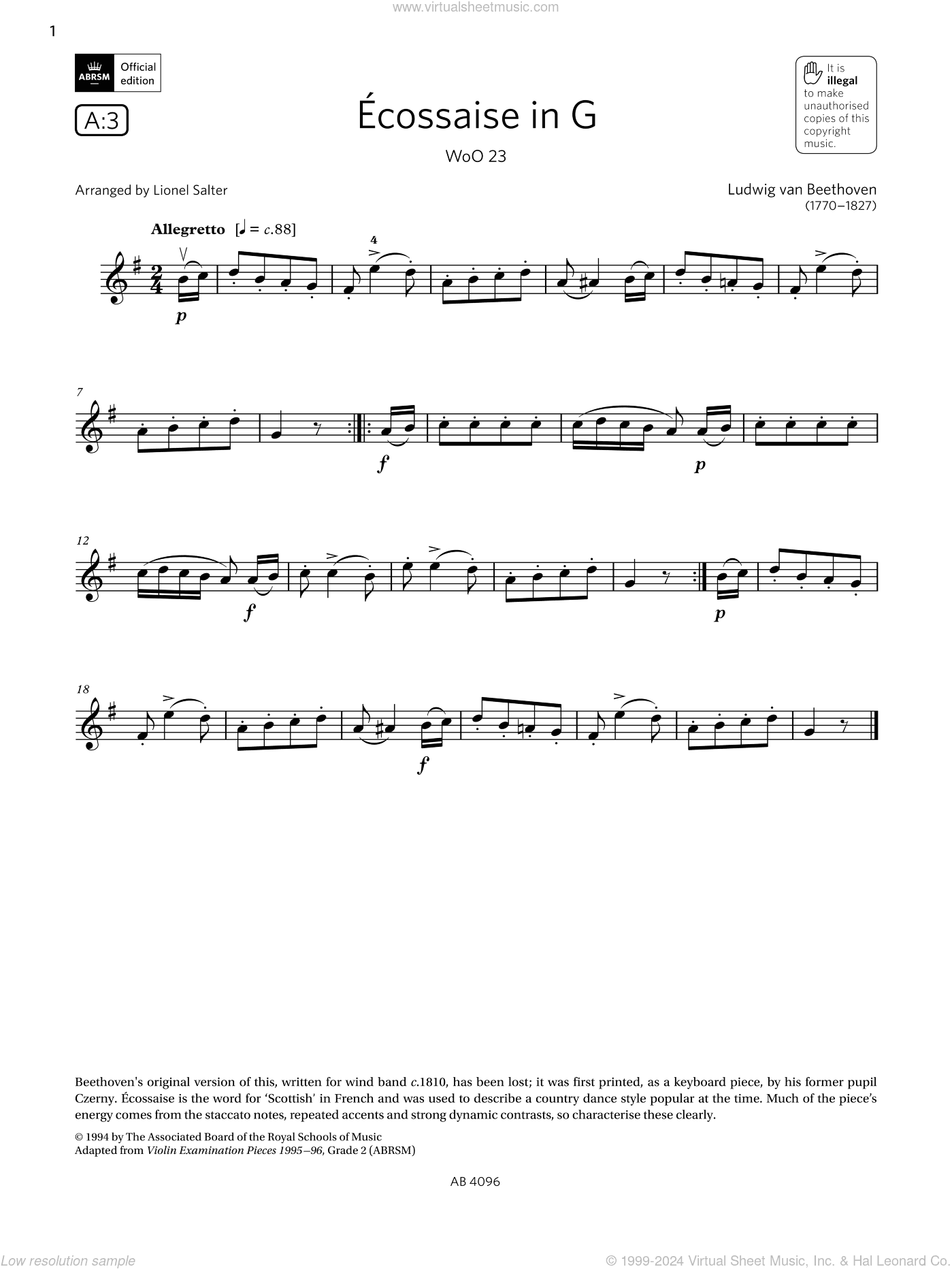 Ecossaise in G, WoO 23 (Grade 2, A3, from the ABRSM Violin Syllabus from 2024)