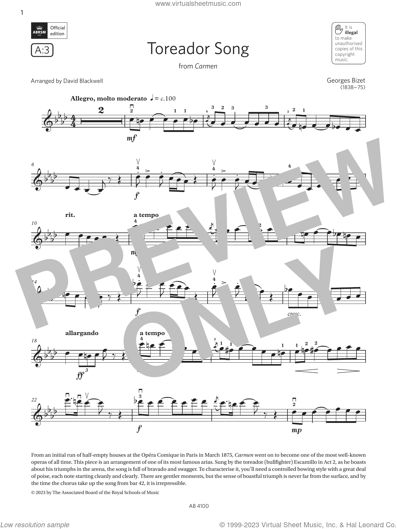 Toreador Song (Grade 6, A3, from the ABRSM Violin Syllabus from 2024)