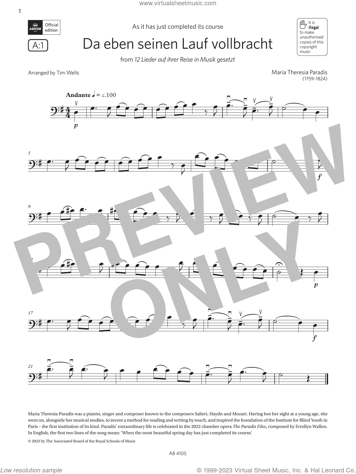 Da eben seinen Lauf volbracht (Grade 2, A1, from the ABRSM Cello Syllabus from 2024)