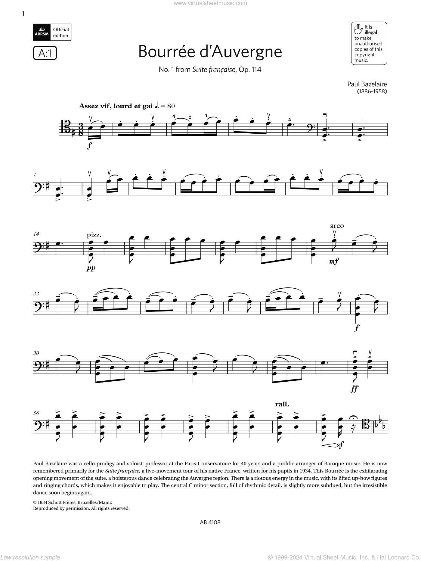 Bouree d'Auvergne (Grade 5, A1, from the ABRSM Cello Syllabus from 2024)