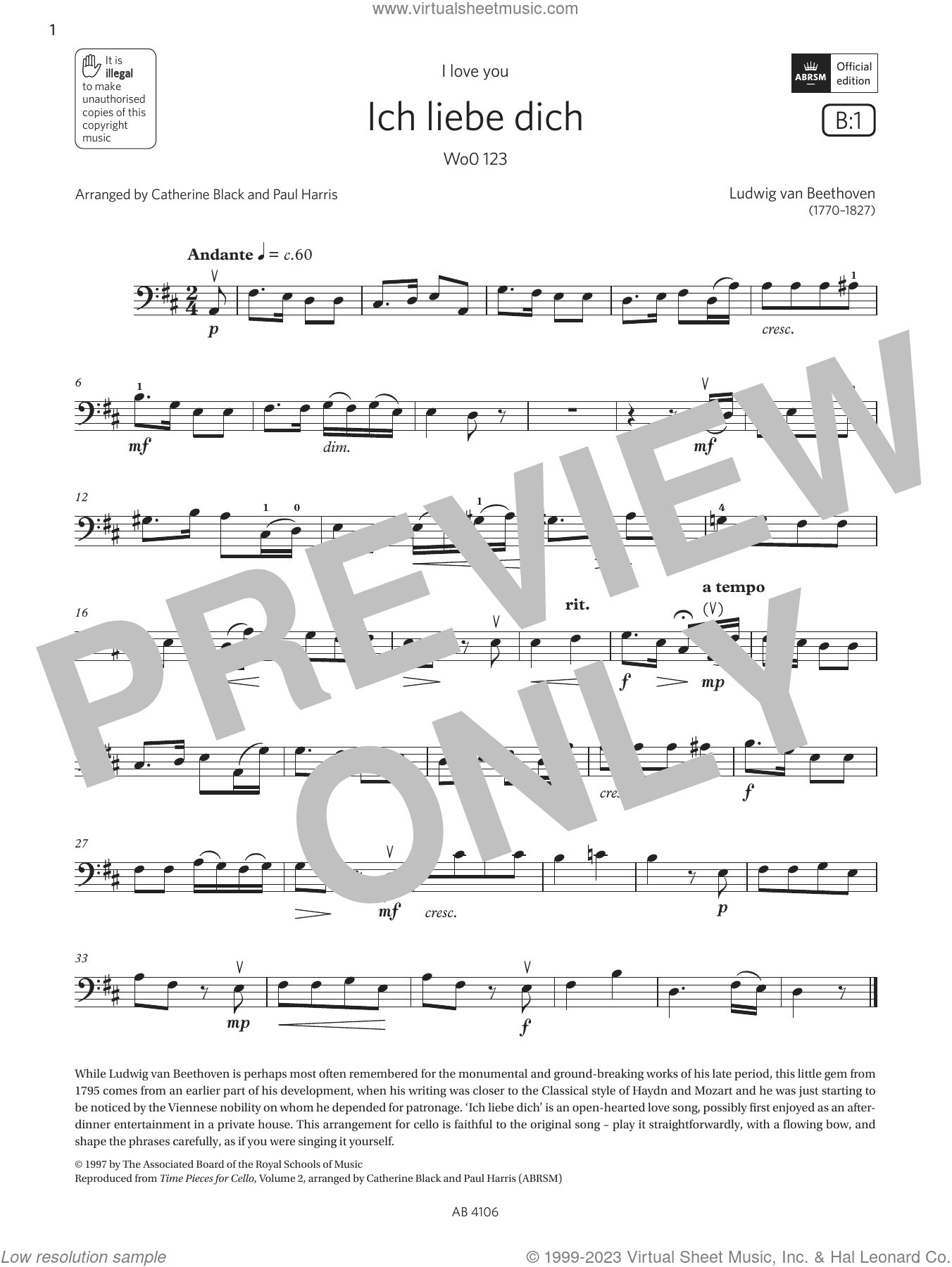 Ich liebe dich (Grade 3, B1, from the ABRSM Cello Syllabus from 2024)