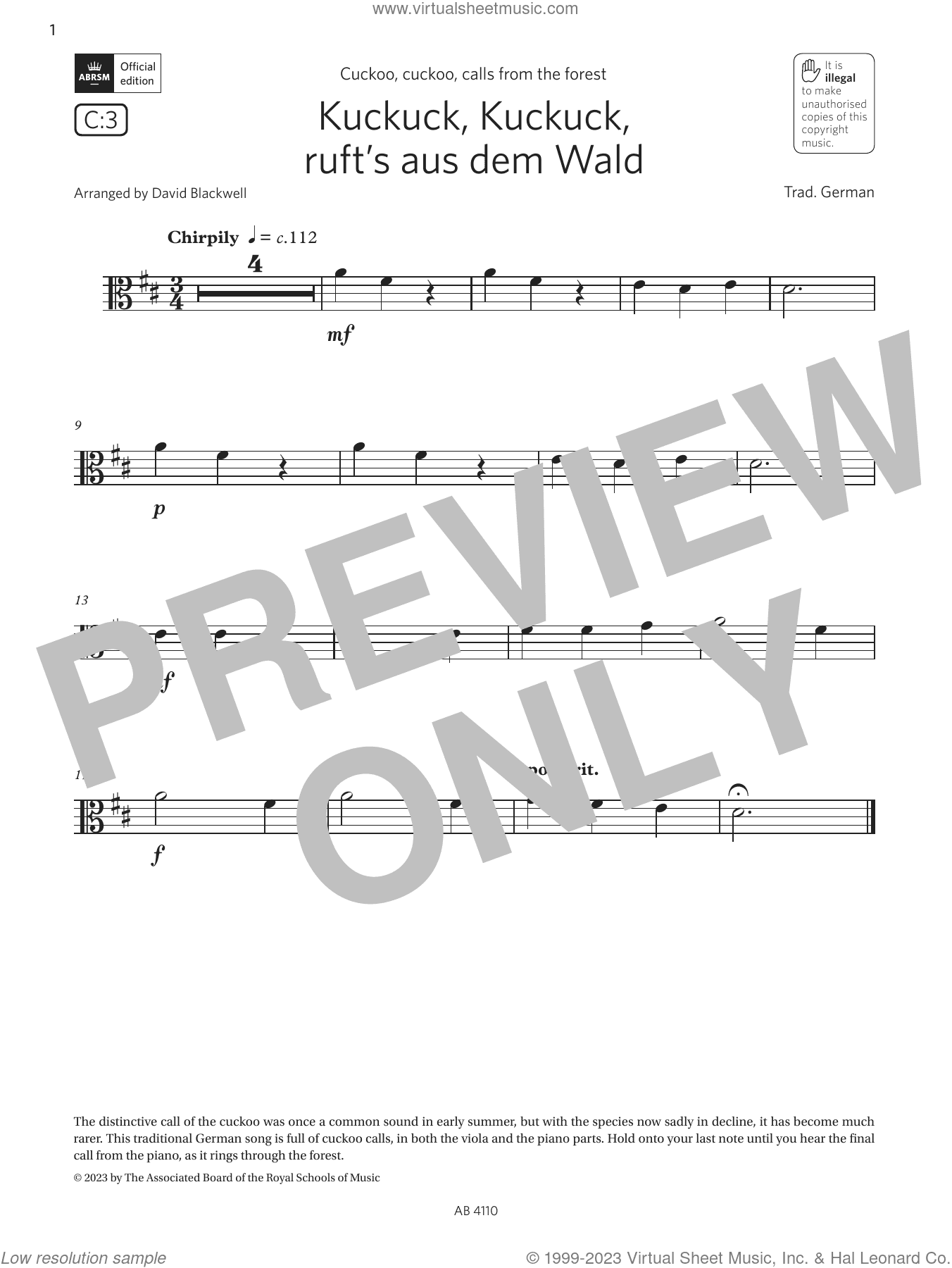 Kuckuck, Kuckuck ruft's aus dem Wald (Grade Initial, C3, from the ABRSM Viola Syllabus from 2024)