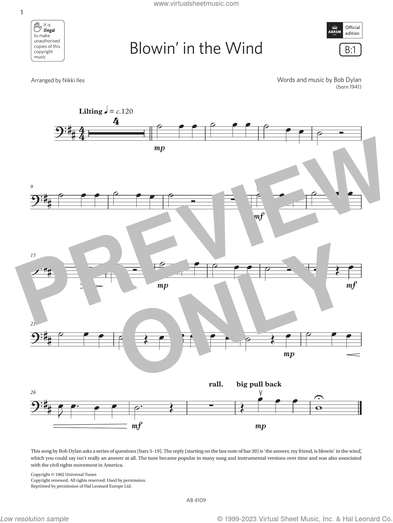 Blowin' in the Wind (Grade Initial, B1, from the ABRSM Double Bass Syllabus from 2024)