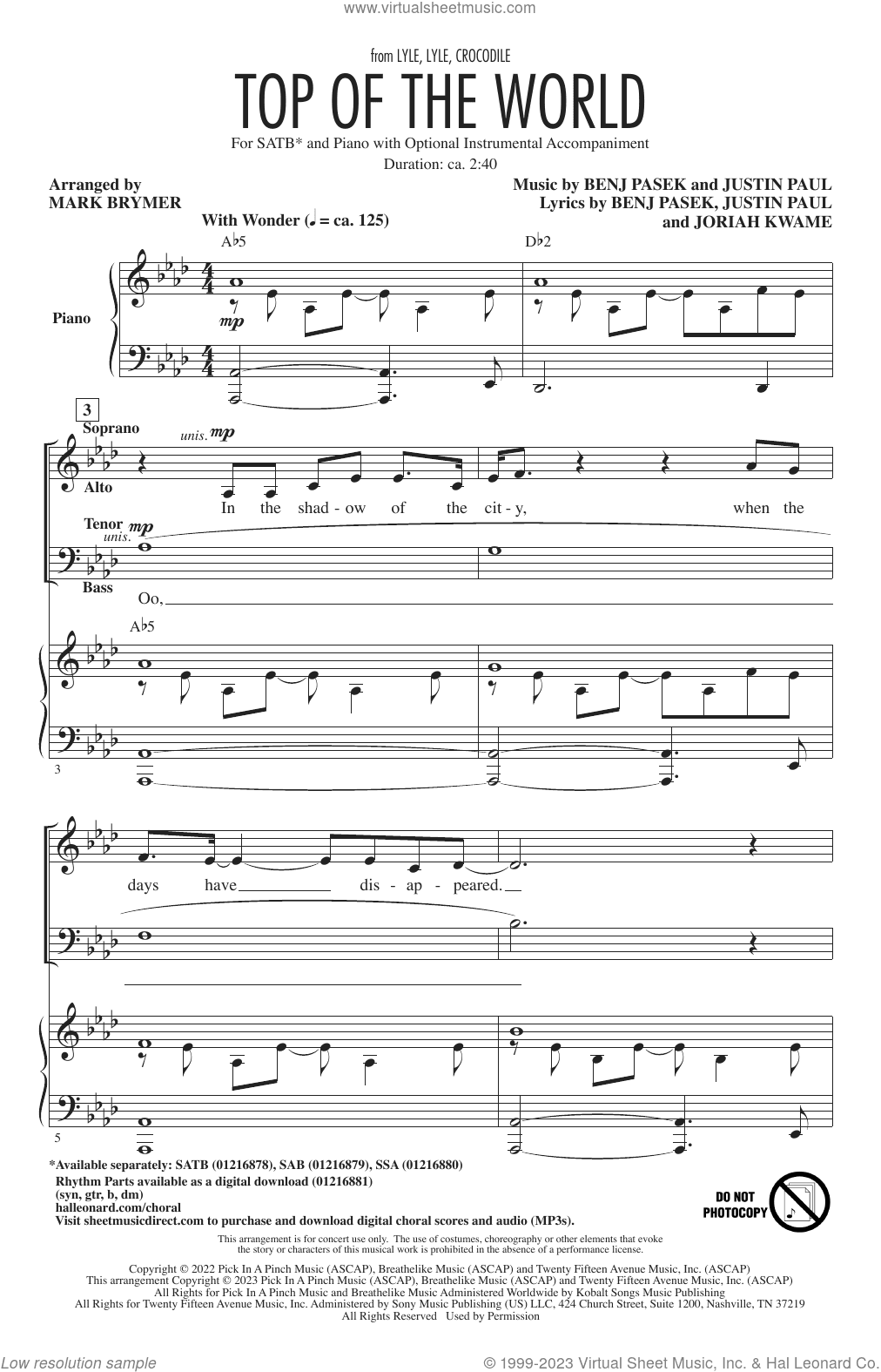 Top Of The World (from Lyle, Lyle, Crocodile) (arr. Mark Brymer)