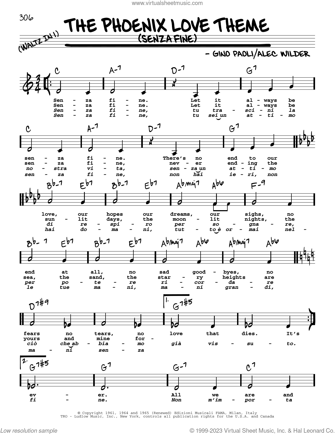 The Phoenix Love Theme (Senza Fine) (Low Voice)