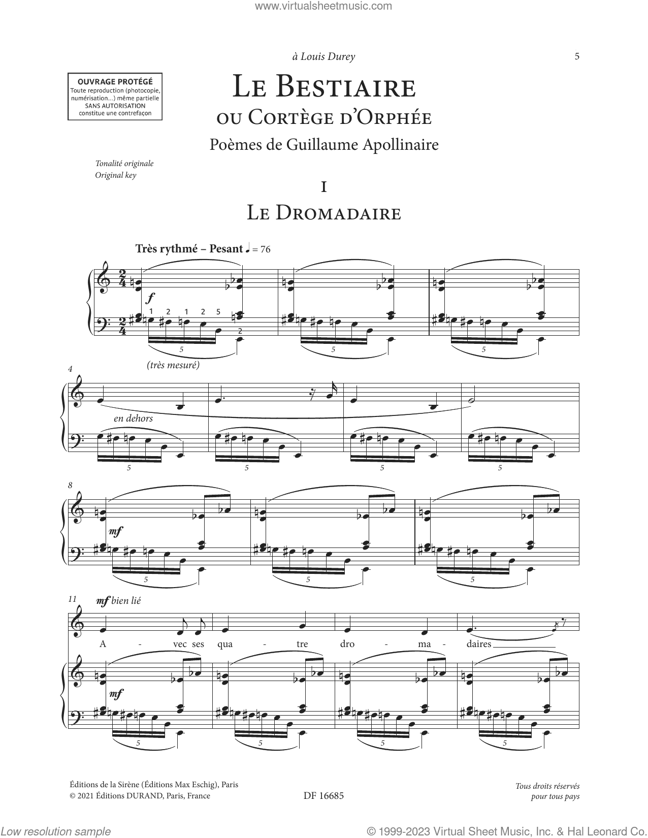 Le Bestiaire ou le Cortege d'Orphee (Low Voice)