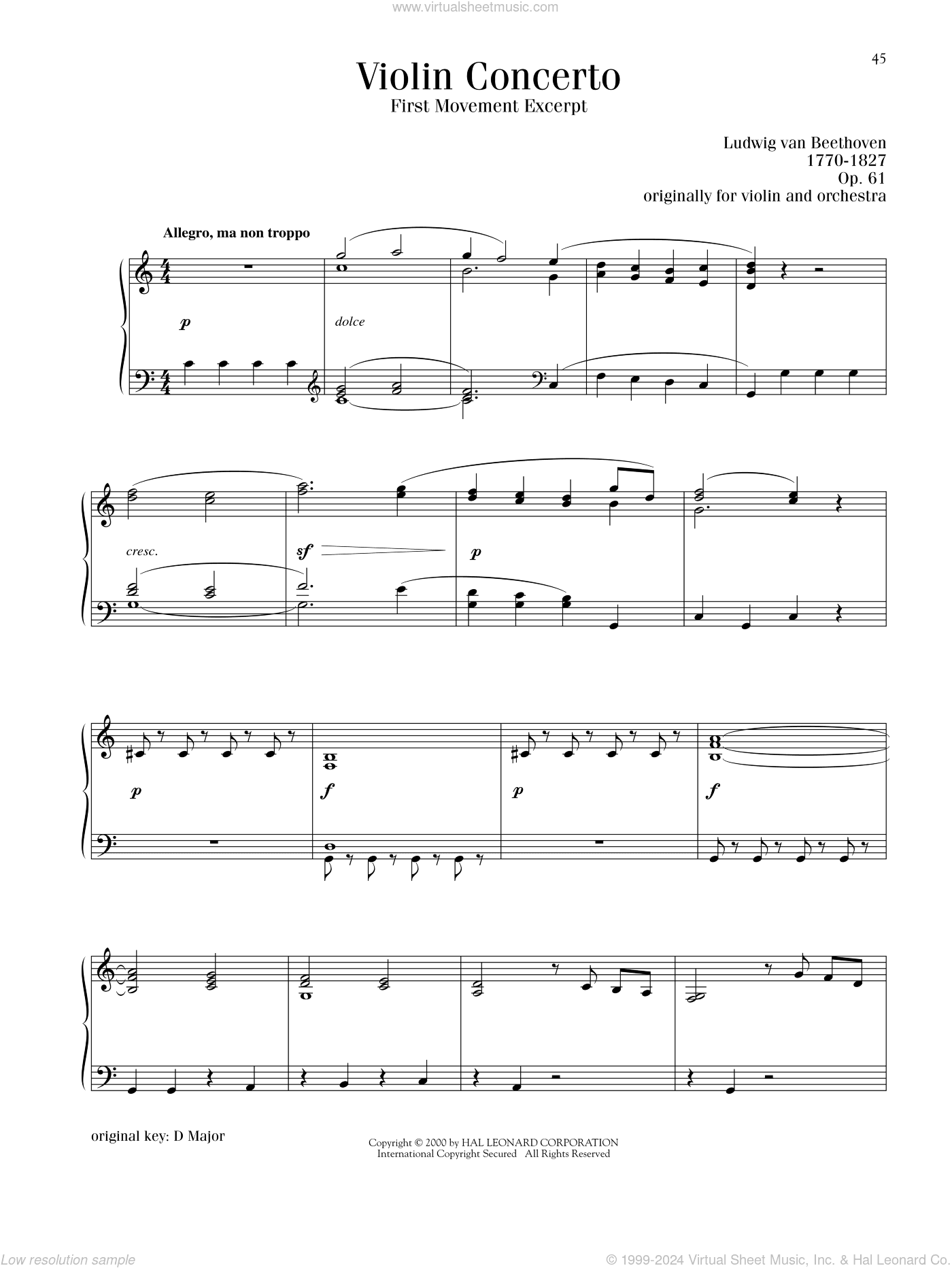 Violin Concerto In D Major, Op. 61, (intermediate)