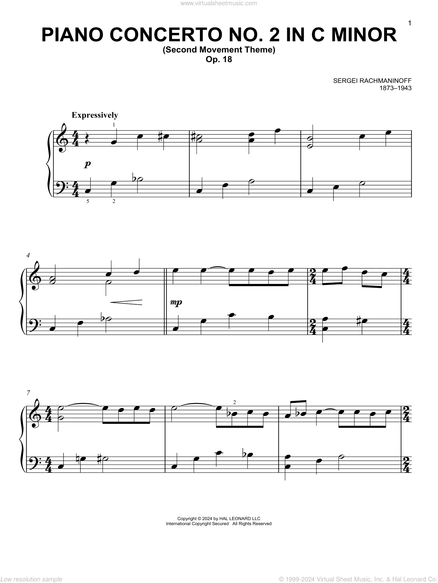 Piano Concerto No. 2 In C Minor, Op. 18, (easy)