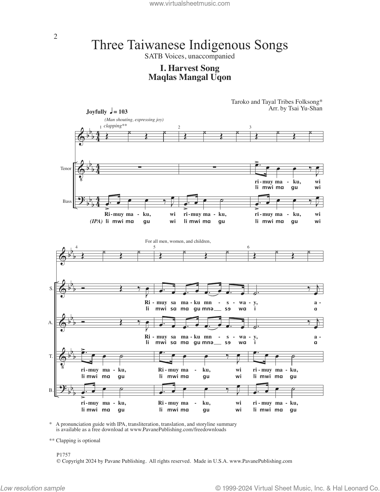 Three Taiwanese Indigenous Songs (arr. Tsai Yu-shan)