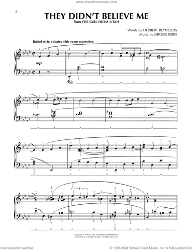 They Didn't Believe Me (from The Girl From Utah) (arr. Lee Evans)