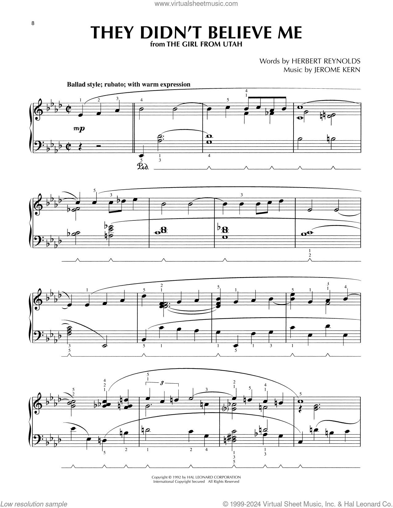 They Didn't Believe Me (from The Girl From Utah) (arr. Lee Evans)