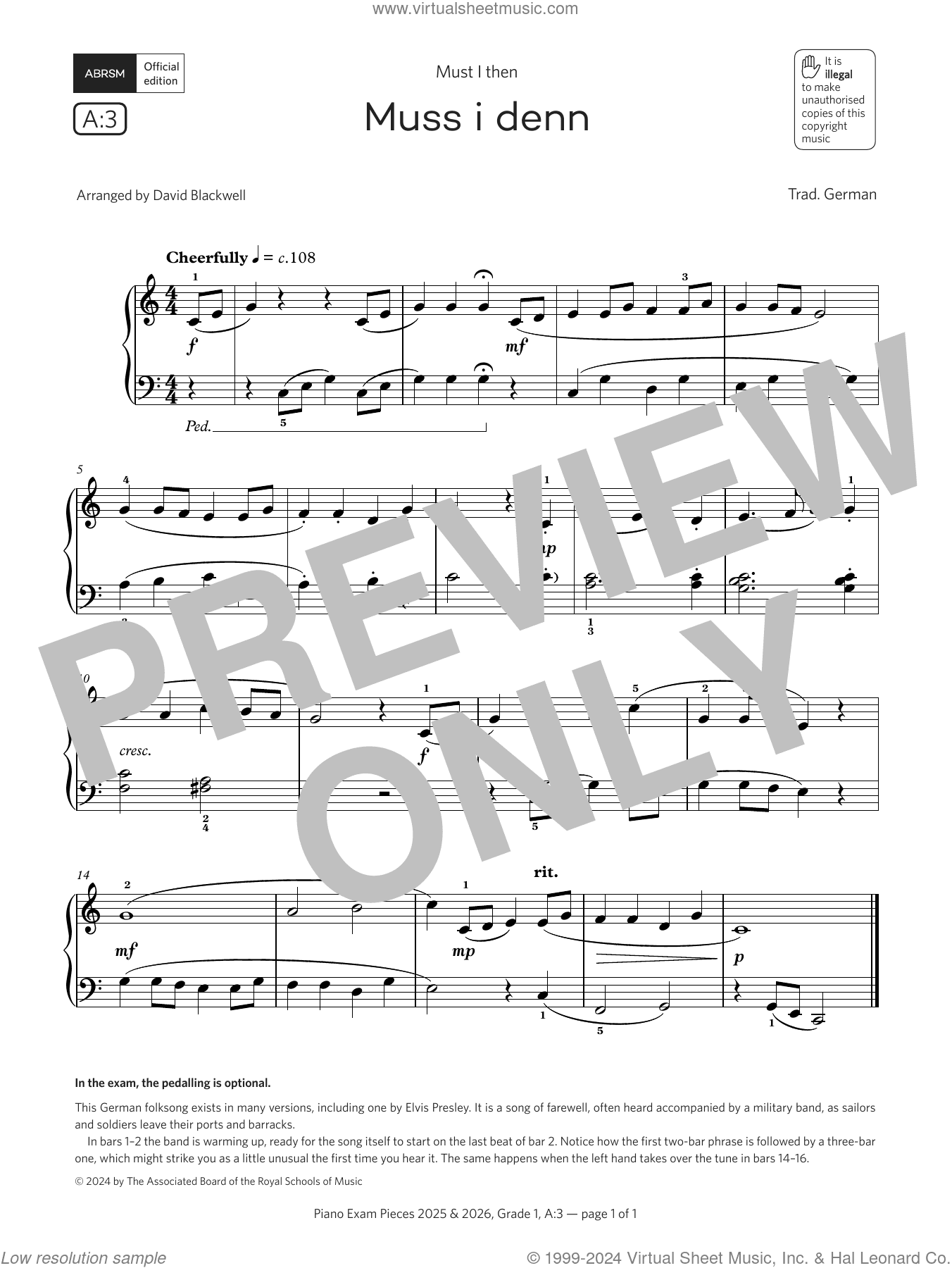 Muss i denn (Grade 1, list A3, from the ABRSM Piano Syllabus 2025 and 2026)