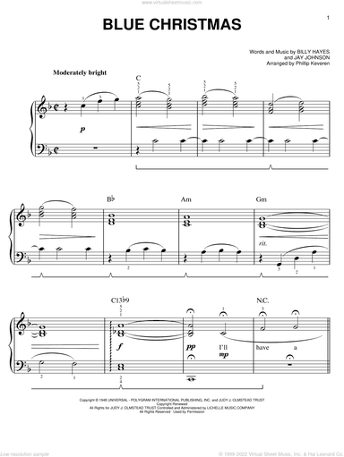 Blue Christmas (arr. Phillip Keveren), (easy)