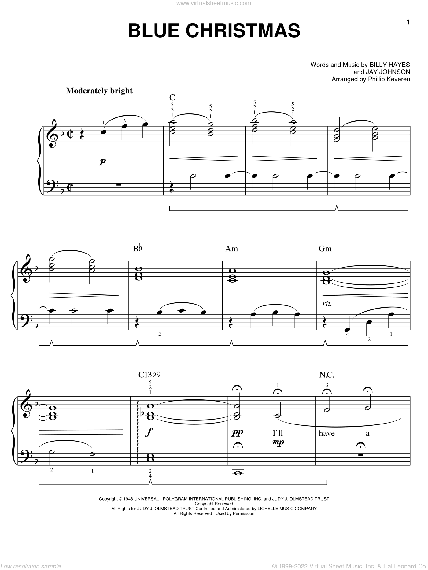 Blue Christmas (arr. Phillip Keveren), (easy)