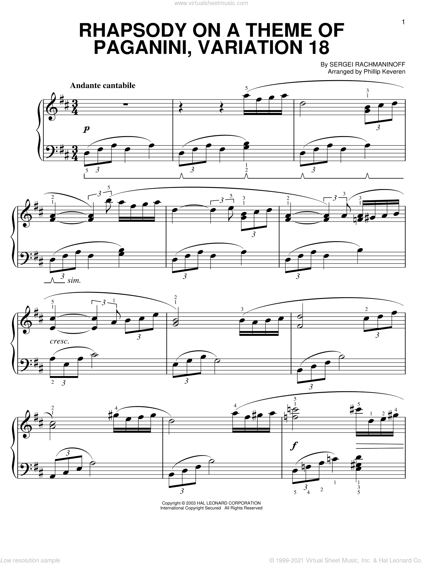 Rhapsody On A Theme Of Paganini, Variation XVIII (from Somewhere in Time) (arr. Phillip Keveren)