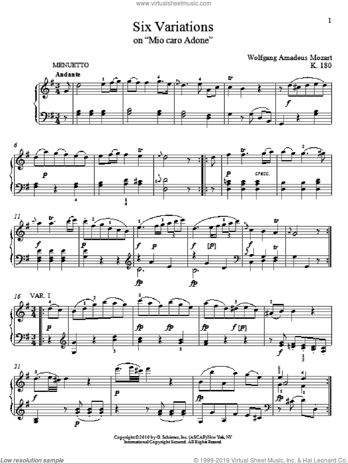 Six Variations on Mio Caro Adone, K. 180