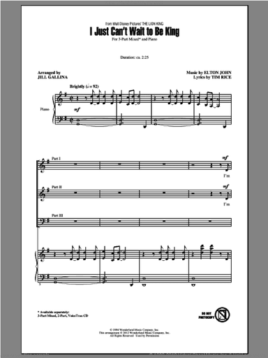 I Just Can't Wait To Be King (from The Lion King) (arr. Jill Gallina)