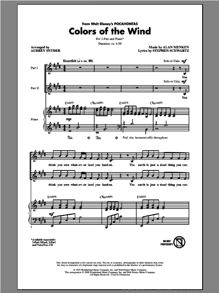 Colors Of The Wind (from Pocahontas) (arr. Audrey Snyder)