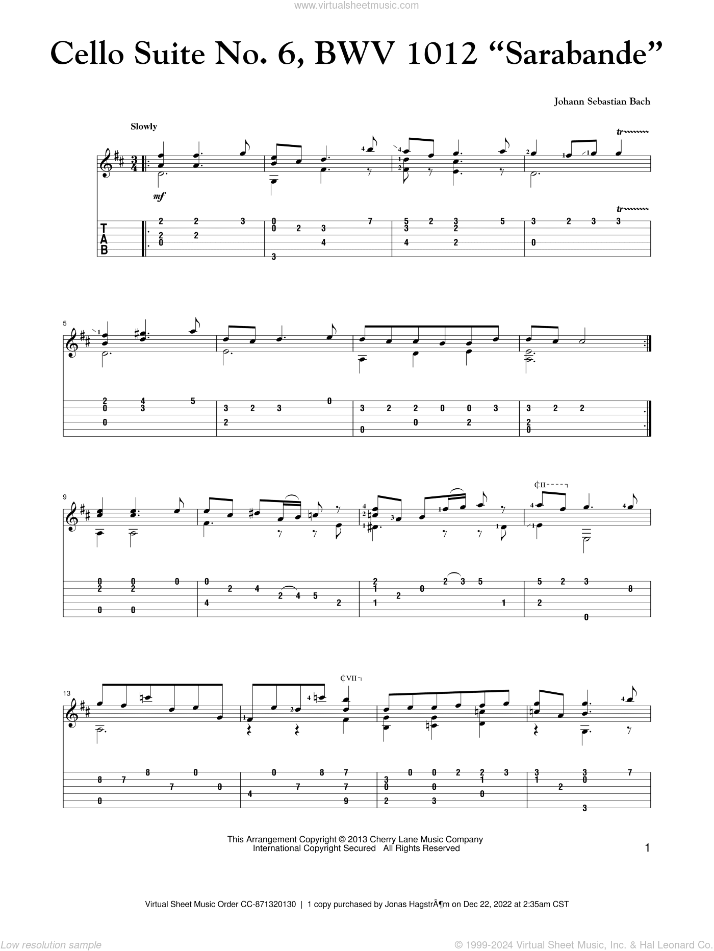 Cello Suite No. 6, BWV 1012 "Sarabande"