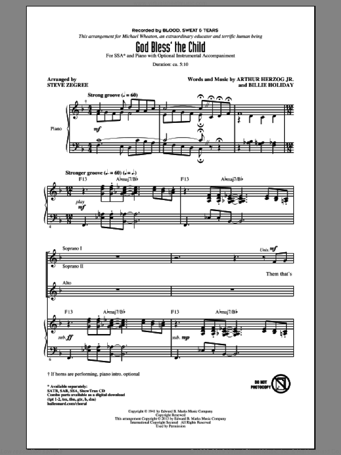 God Bless' The Child (arr. Steve Zegree)