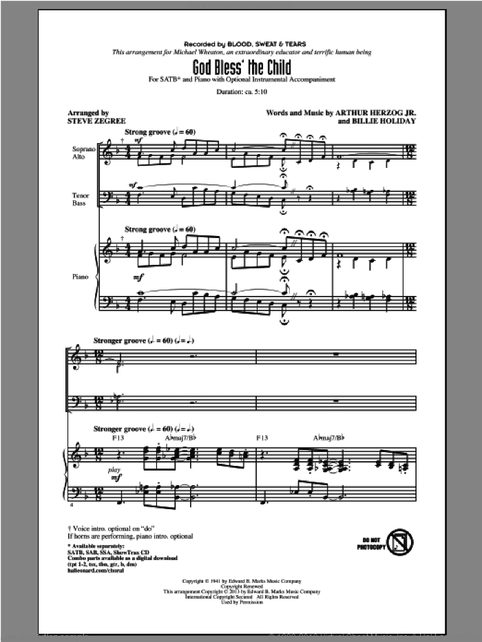 God Bless' The Child (arr. Steve Zegree)