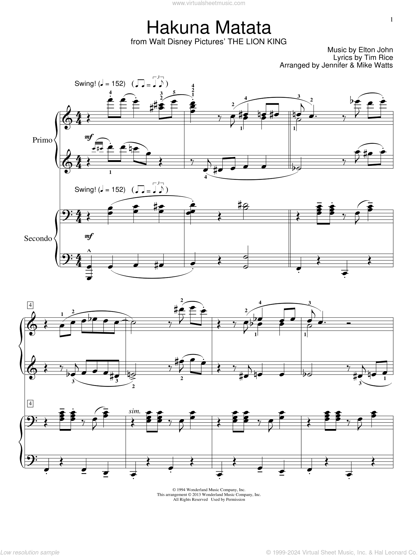 Hakuna Matata (from The Lion King) (arr. Jennifer and Mike Watts)