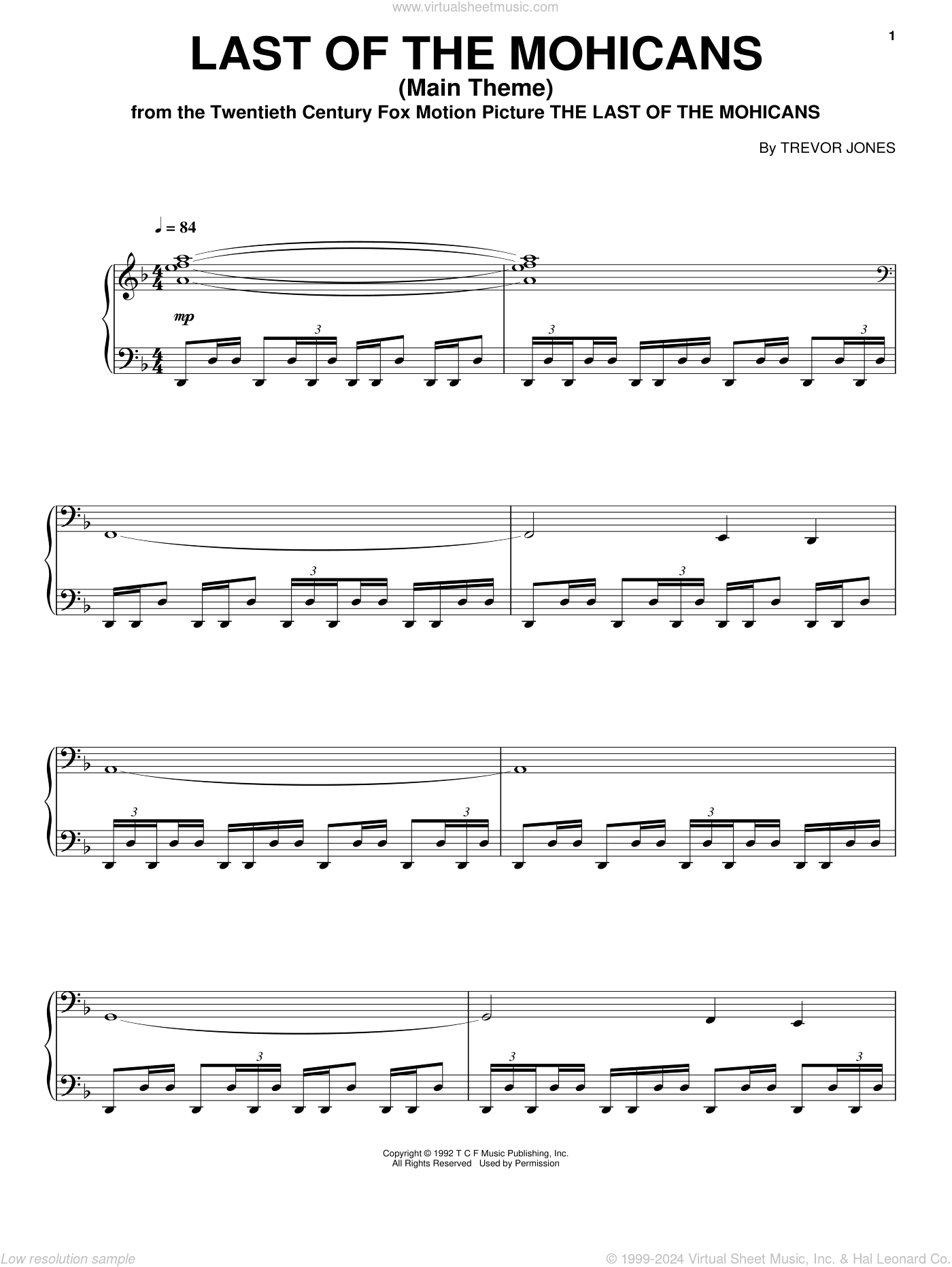 Last Of The Mohicans (Main Theme), (intermediate)