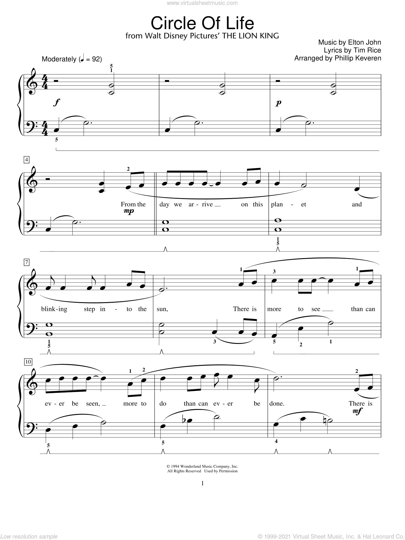 Circle Of Life (from The Lion King) (arr. Phillip Keveren)